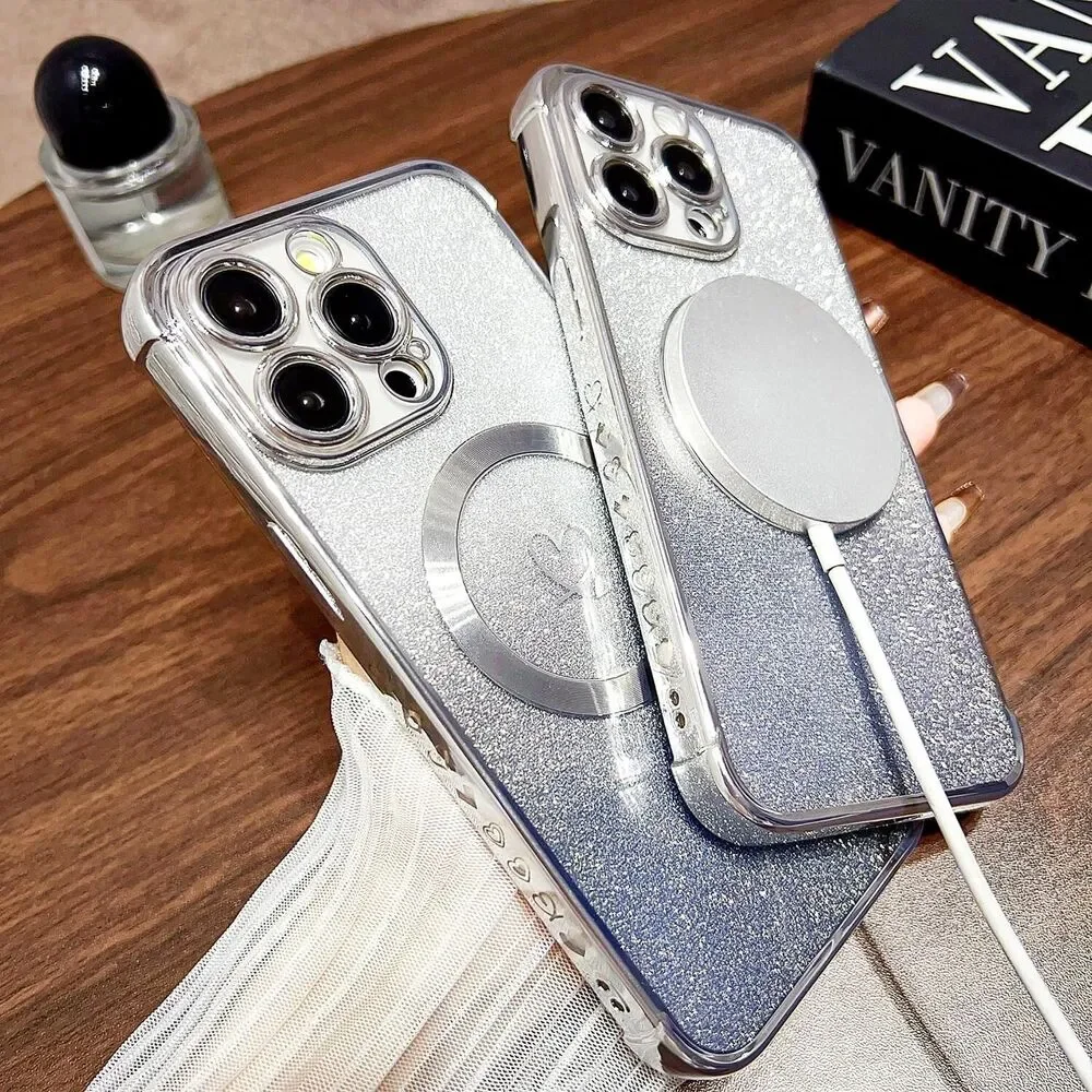 iPhone 15 Pro Max Case Magnetic Soft Cute Luxury Love Heart Silver MagSafe Clear